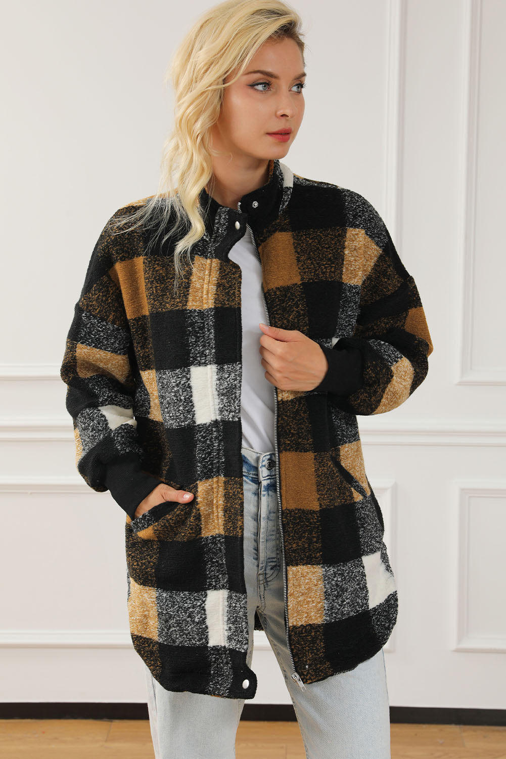 Black Zipper Side Pockets Plaid Overcoat