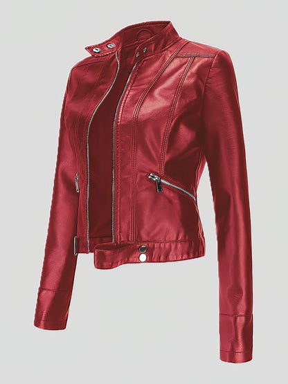 Jackets - Short Stand-Up Collar Zipped Leather Jacket - MsDressly