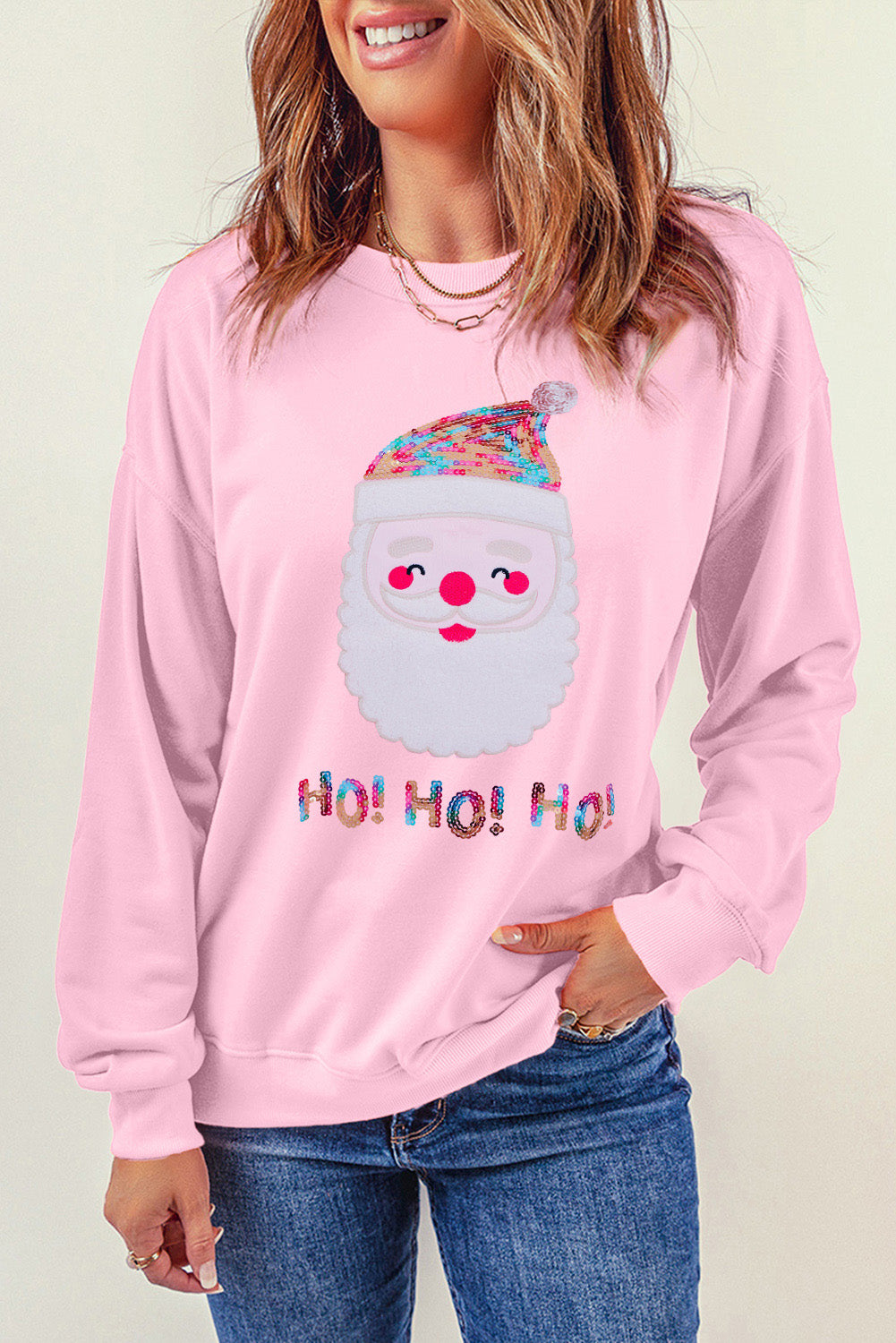 Pink HO HO HO Sequined Santa Claus Sweatshirt