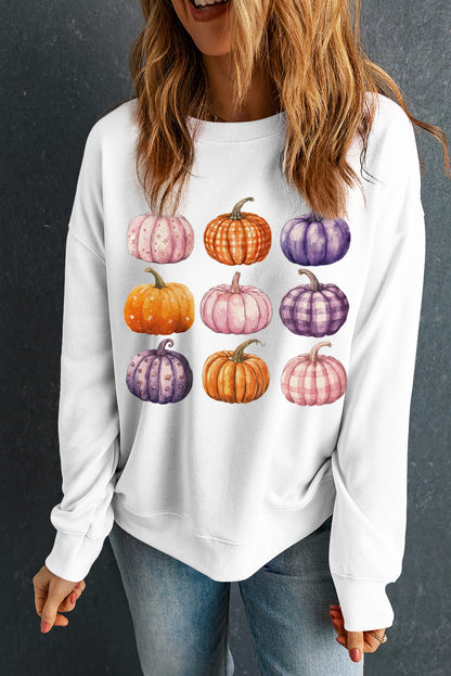 Beige Thanksgiving Halloween Pumpkin Graphic Pullover Sweatshirt