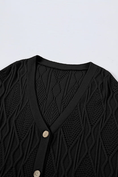 Black Plus Size Knitted Hollow out Button up Cardigan