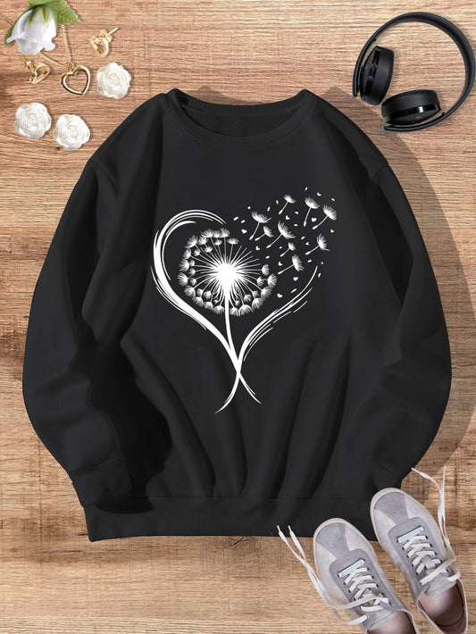 Black Retro Love Dandelion Print Casual Fashion Winter Round Neck Long-sleeved Sweatshirt
