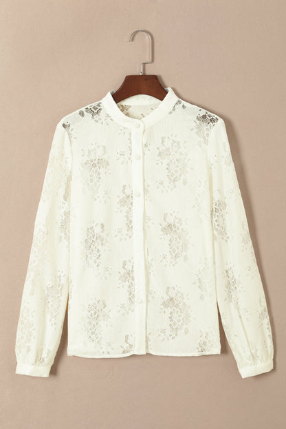 White Floral Lace Stand Neck Textured Shirt