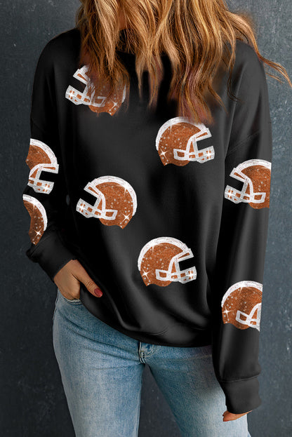 Black Sequin Rugby Football Helmet Graphic Game Day Sweatshirt