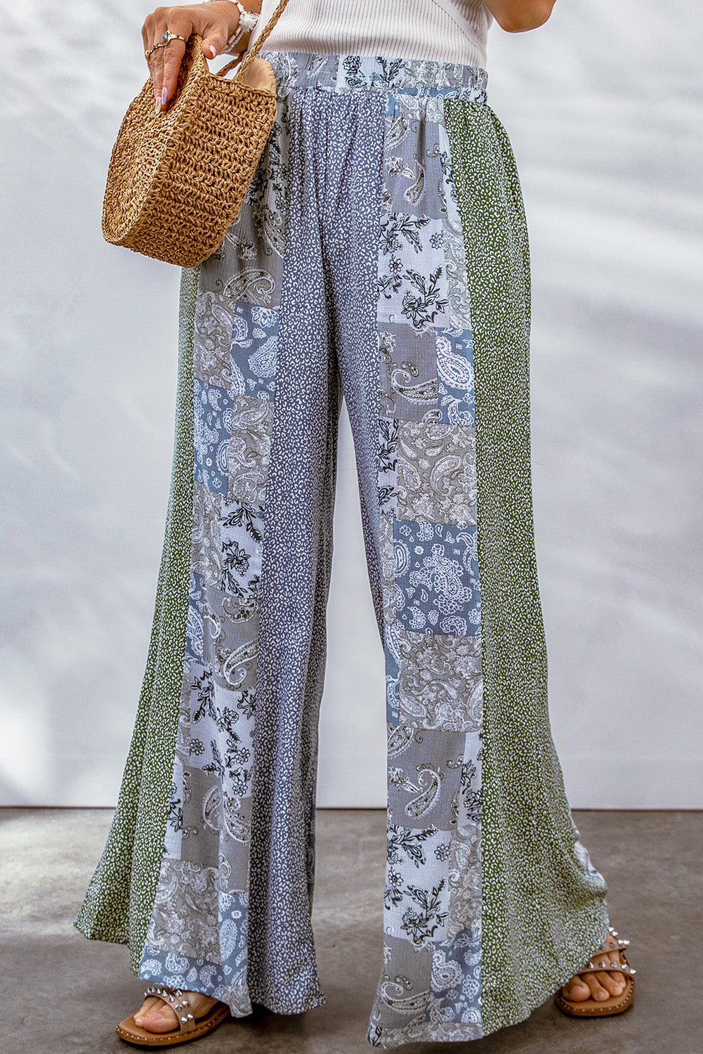 Mixed Print Pull-On Wide Leg Pants