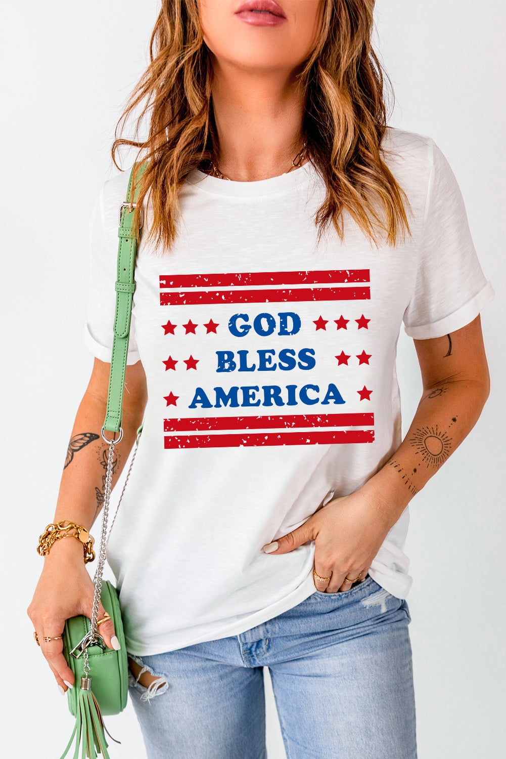 White GOD BLESS AMERICAN Star and Stripe T-Shirts