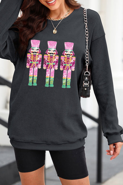 Black Christmas Sequined Nutcrackers Mineral Wash Corded Sweatshirt