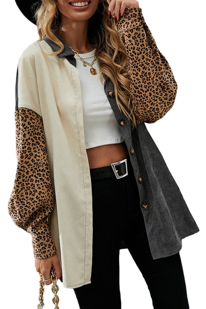 Gray Color Block Leopard Patched Corduroy Shacket