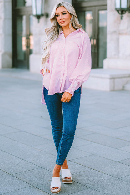 Pink Smocked Cuffed Striped Boyfriend Shirt with Pocket