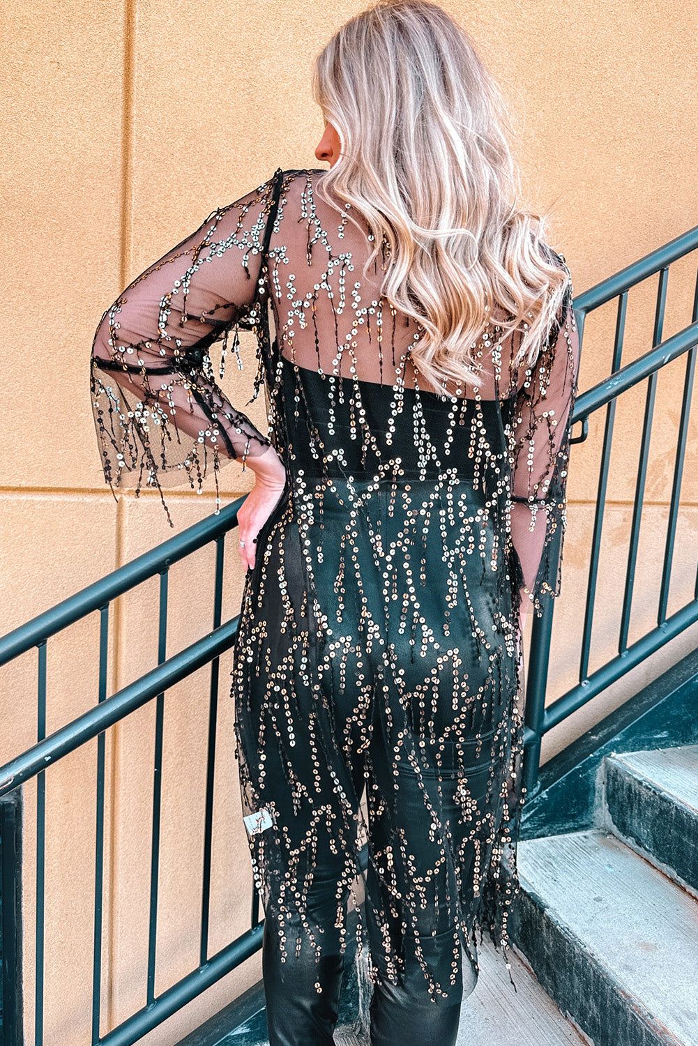 Black Sequin Sheer Long Sleeve Open Front Kimono