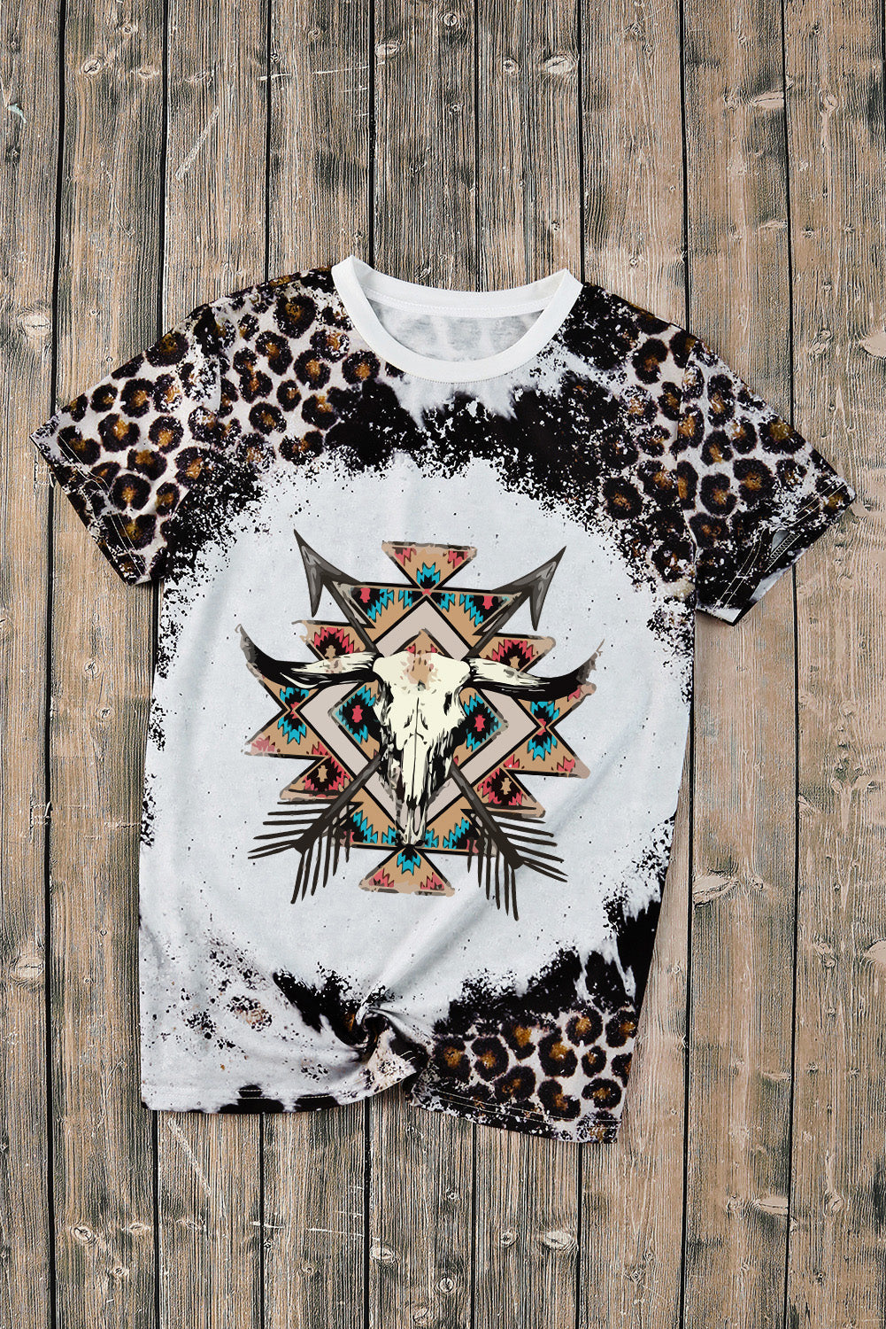 Leopard Western Steer Head Aztec Leopard Print Crew Neck Tee