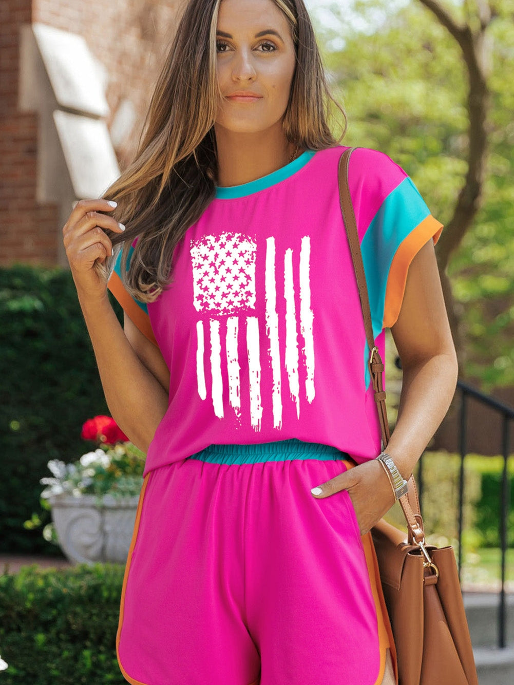 Rose Red American Flag Print Casual Two Piece Shorts Set with Colorblock Design