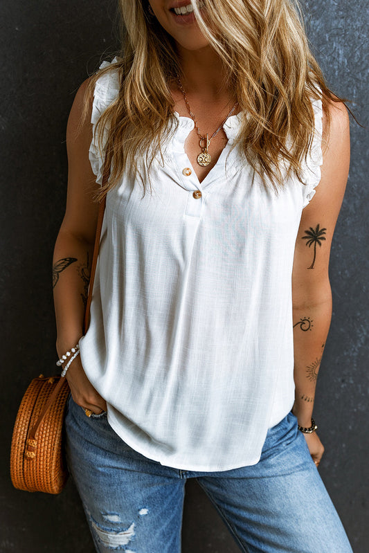 White Button Split Neck Ruffled Trim Tank Top