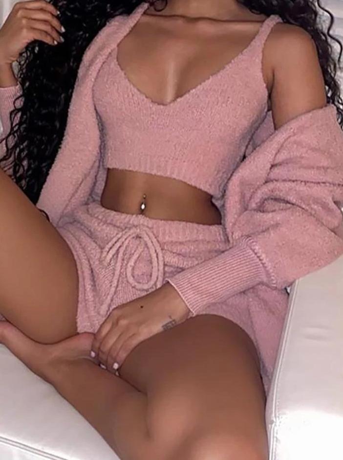 Solid Fluffy Long Sleeve 3PCS Sets for Women