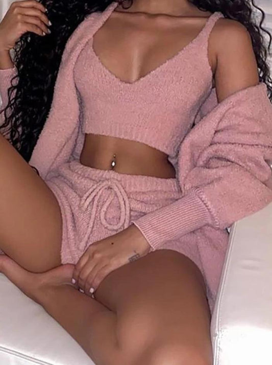 Solid Fluffy Long Sleeve 3PCS Sets for Women