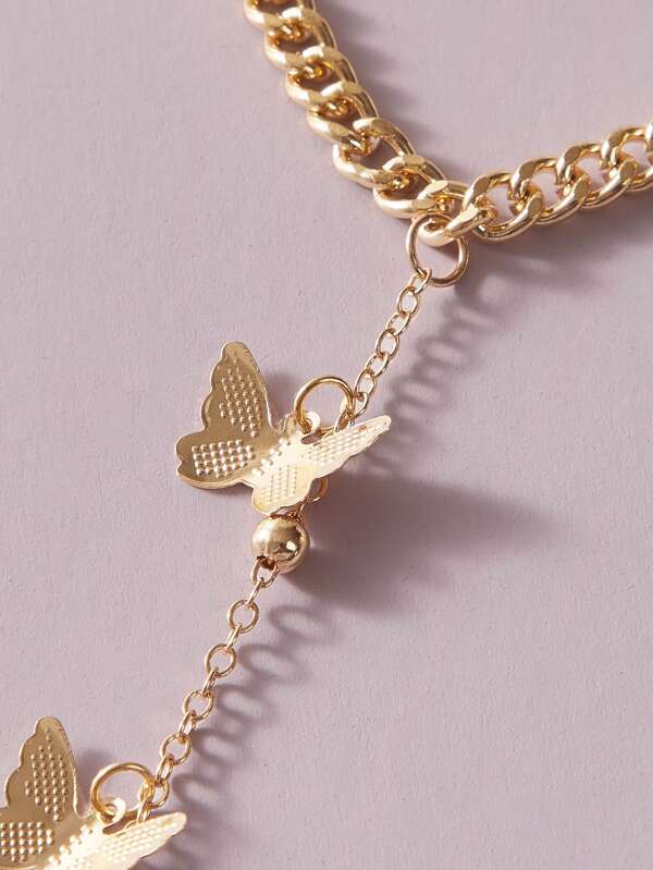 Butterfly Charm Link Chain Bracelet with Finger Ring