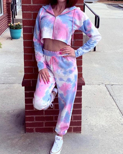 Tie Dye Crop Hooded Hoodies Pants Sets - LuckyFash™