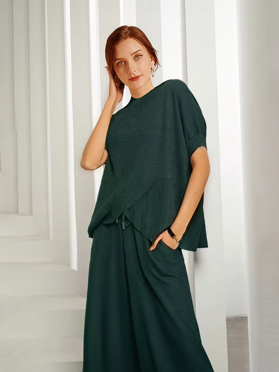 Solid Color Round Neck Loose Irregular Pleated Knitted Two Piece Set