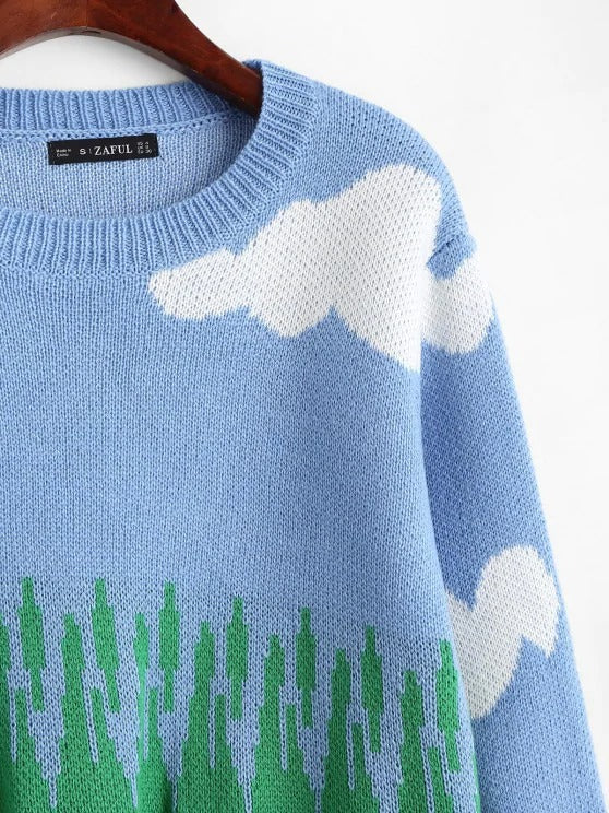 Crew Neck Lantern Sleeve Clouds Sweater - LuckyFash™