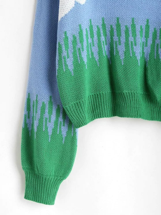 Crew Neck Lantern Sleeve Clouds Sweater - LuckyFash™