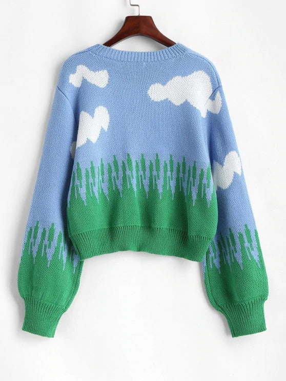 Crew Neck Lantern Sleeve Clouds Sweater - LuckyFash™