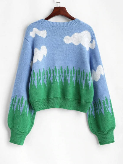 Crew Neck Lantern Sleeve Clouds Sweater - LuckyFash™