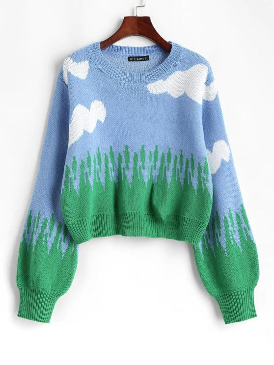 Crew Neck Lantern Sleeve Clouds Sweater - LuckyFash™