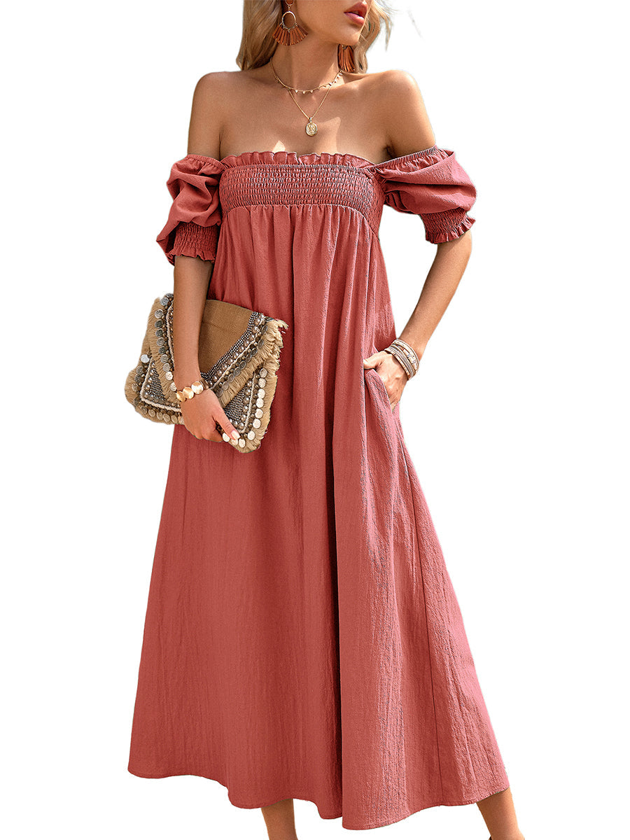 Midi Dresses - Elegant Solid Color Square Neck Midi Long Midi Dress - MsDressly