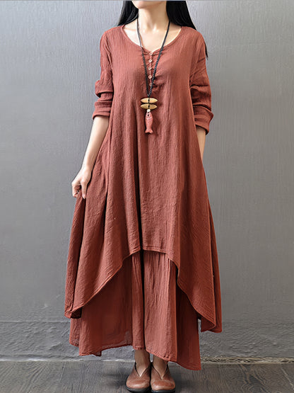 Casual Swing Solid Color Long Sleeve Button Fake V Neck Basic Maxi Dress