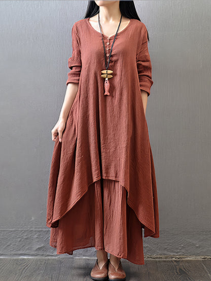 Maxi Dresses - Casual Swing Solid Color Long Sleeve Button Fake V Neck Basic Maxi Dress - MsDressly