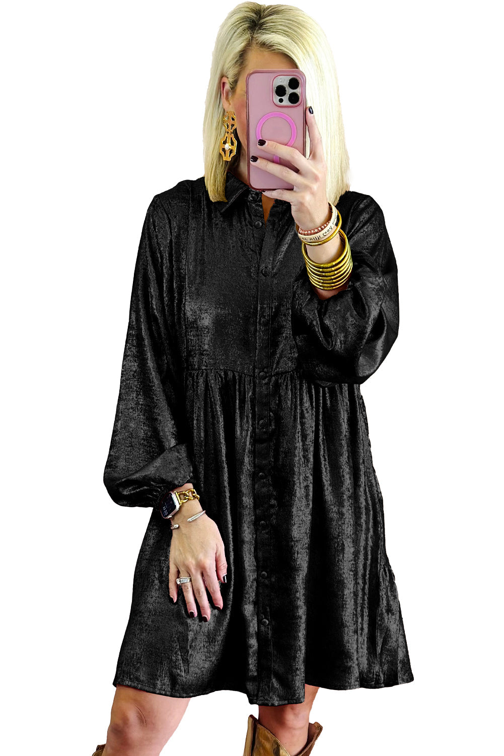 Black Metallic Sheen Puff Sleeve Button Up Mini Shirt Dress