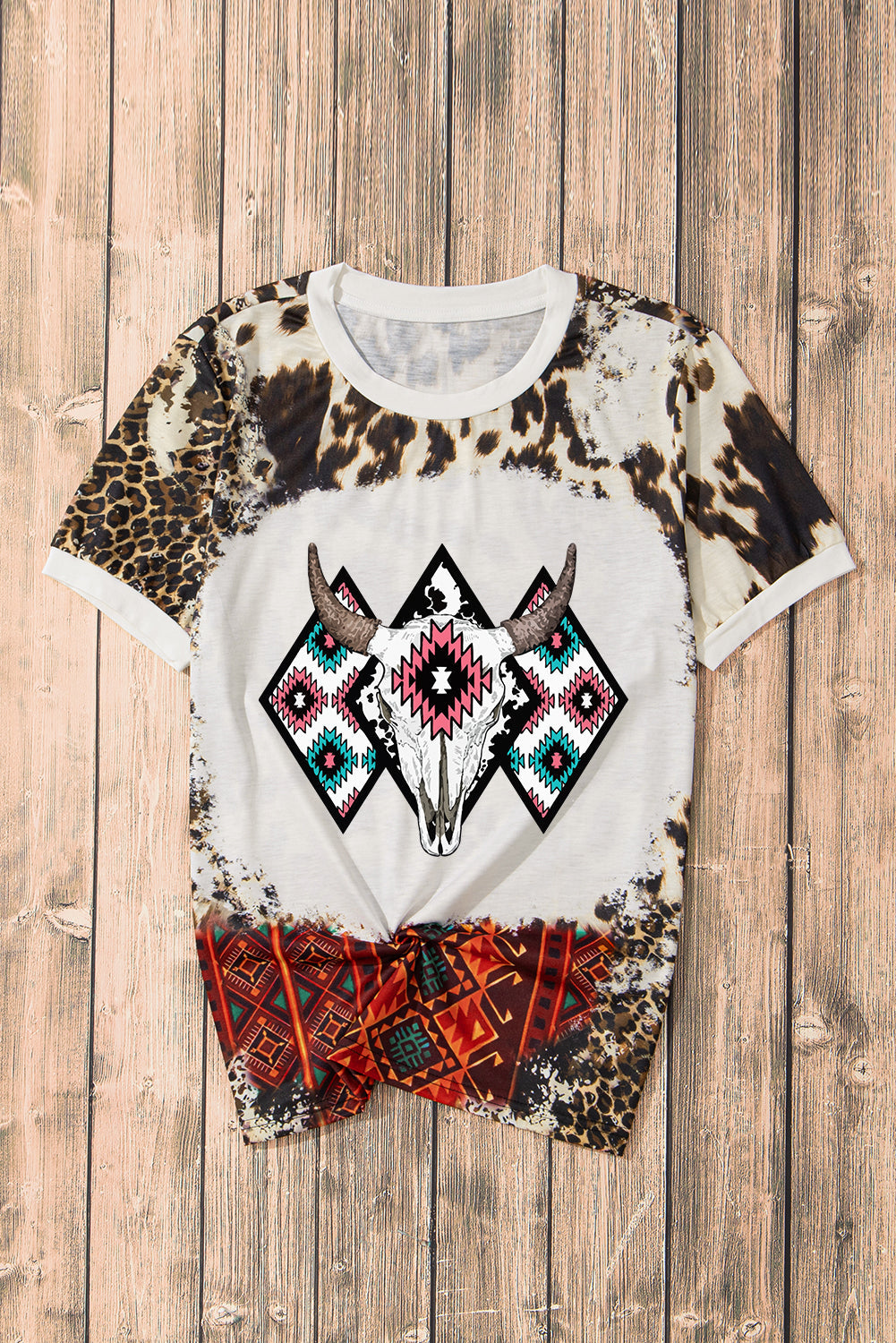 Dark Brown Western Aztec Steer Head Bleached Round Neck T Shirt