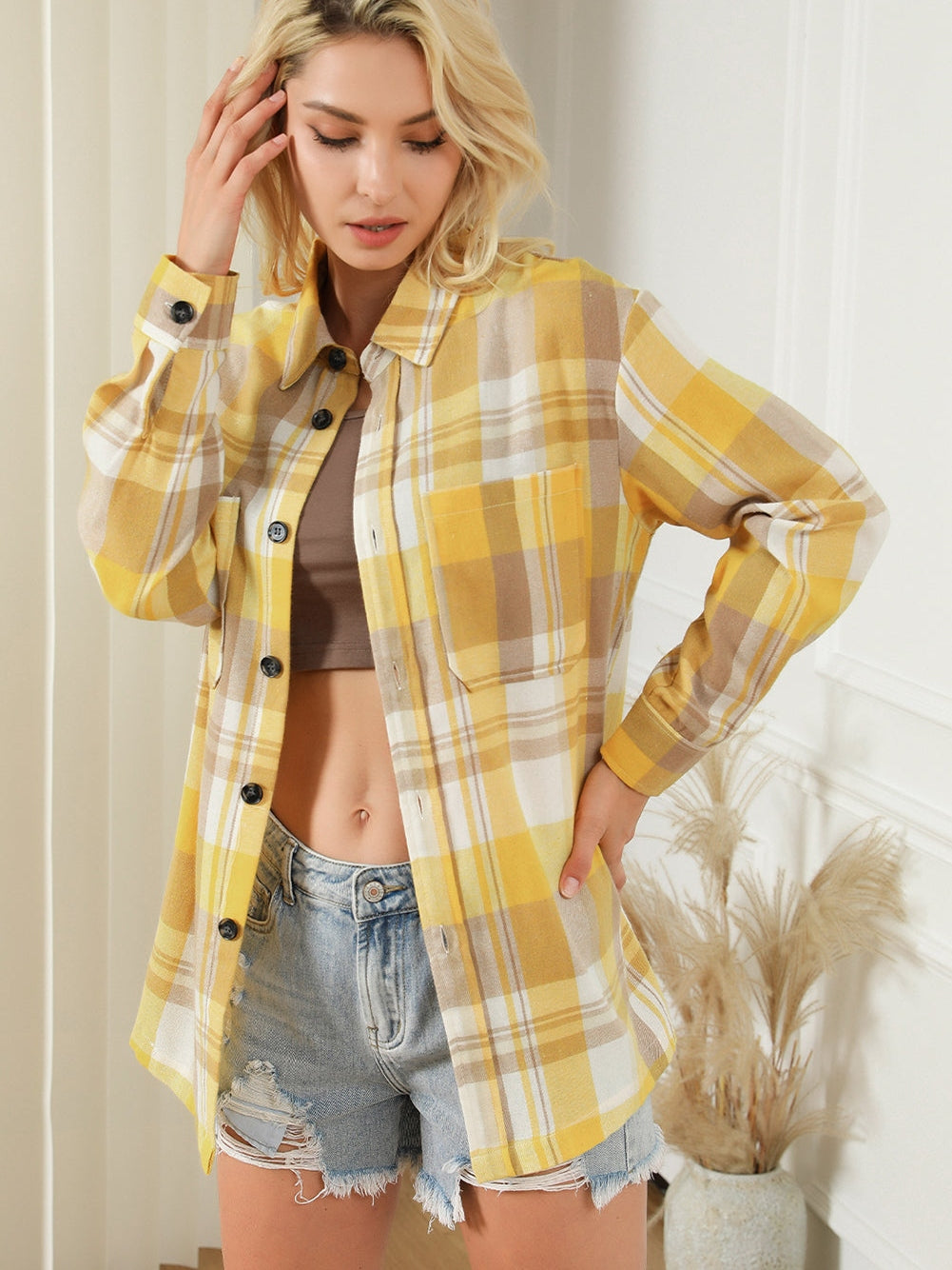 Lapel Collar Single Breasted Loose Plaid Wool Coat