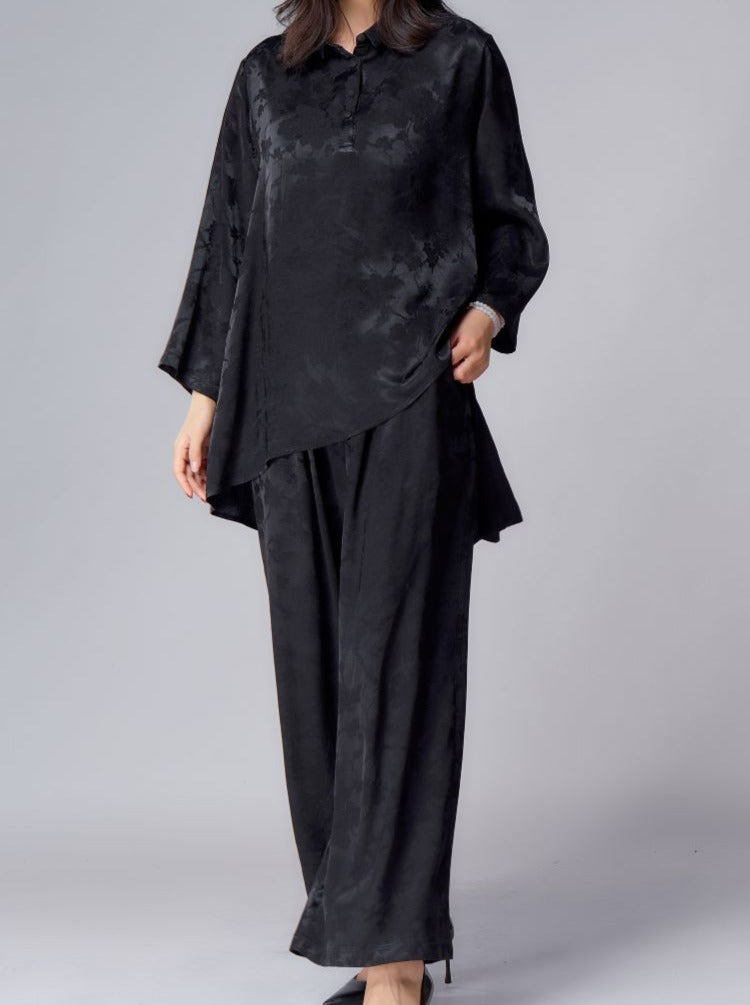 Elegant Black Asymmetrical Tunic and Wide-Leg Pants Set