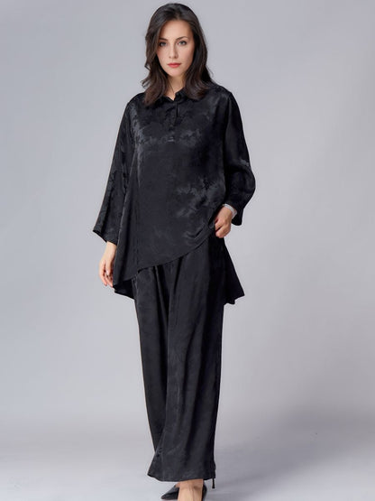 Elegant Black Asymmetrical Tunic and Wide-Leg Pants Set