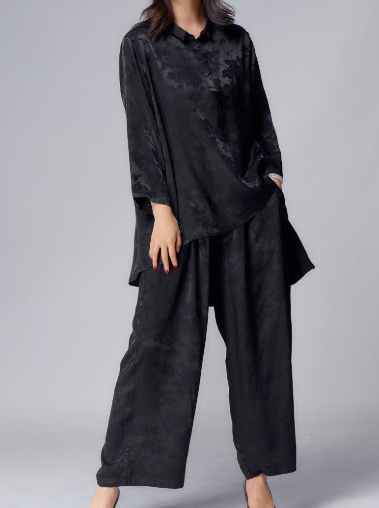 Elegant Black Asymmetrical Tunic and Wide-Leg Pants Set