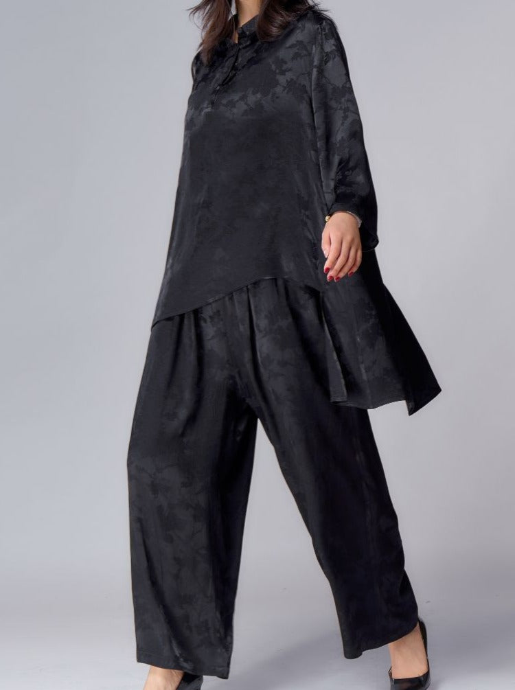 Elegant Black Asymmetrical Tunic and Wide-Leg Pants Set