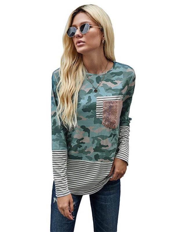 Women's Striped Long Sleeve T-Shirt with Pocket Detail