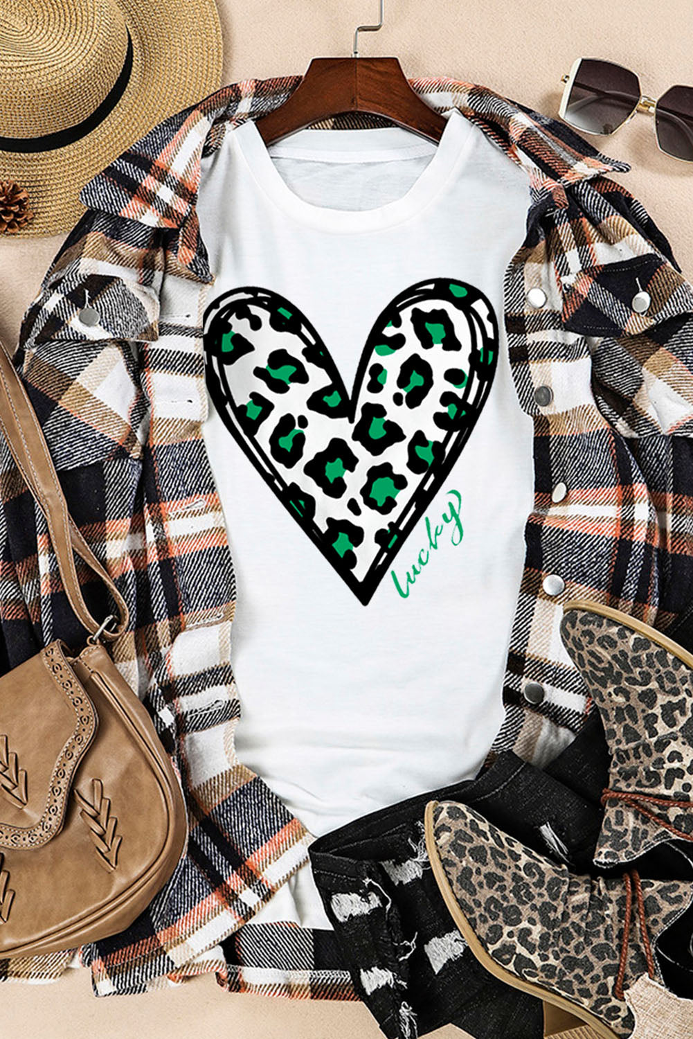 White Lucky Leopard Heart Print St Patricks Day T Shirt