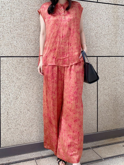 Sleeveless Button-Down Top and Wide-Leg Pants Set