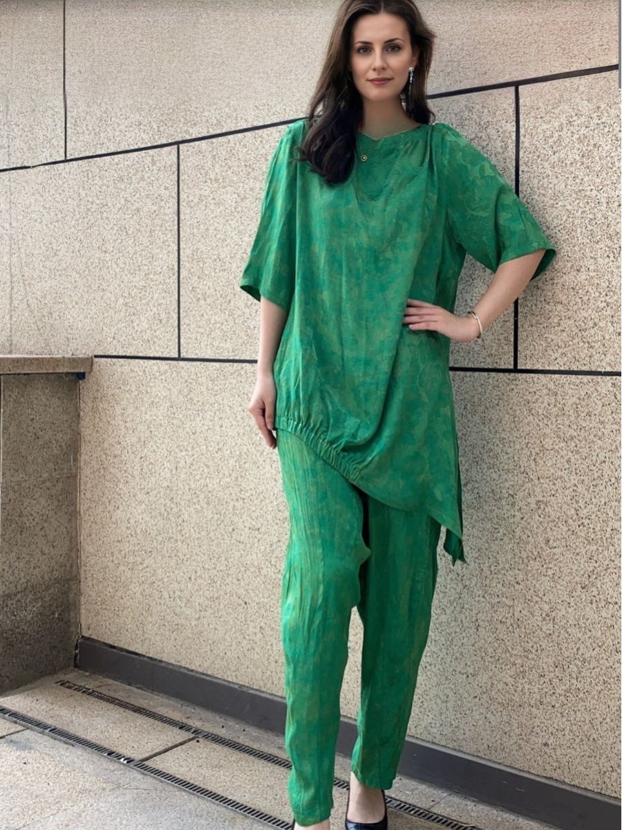 Emerald Green Asymmetrical Tunic and Tapered Pants Set