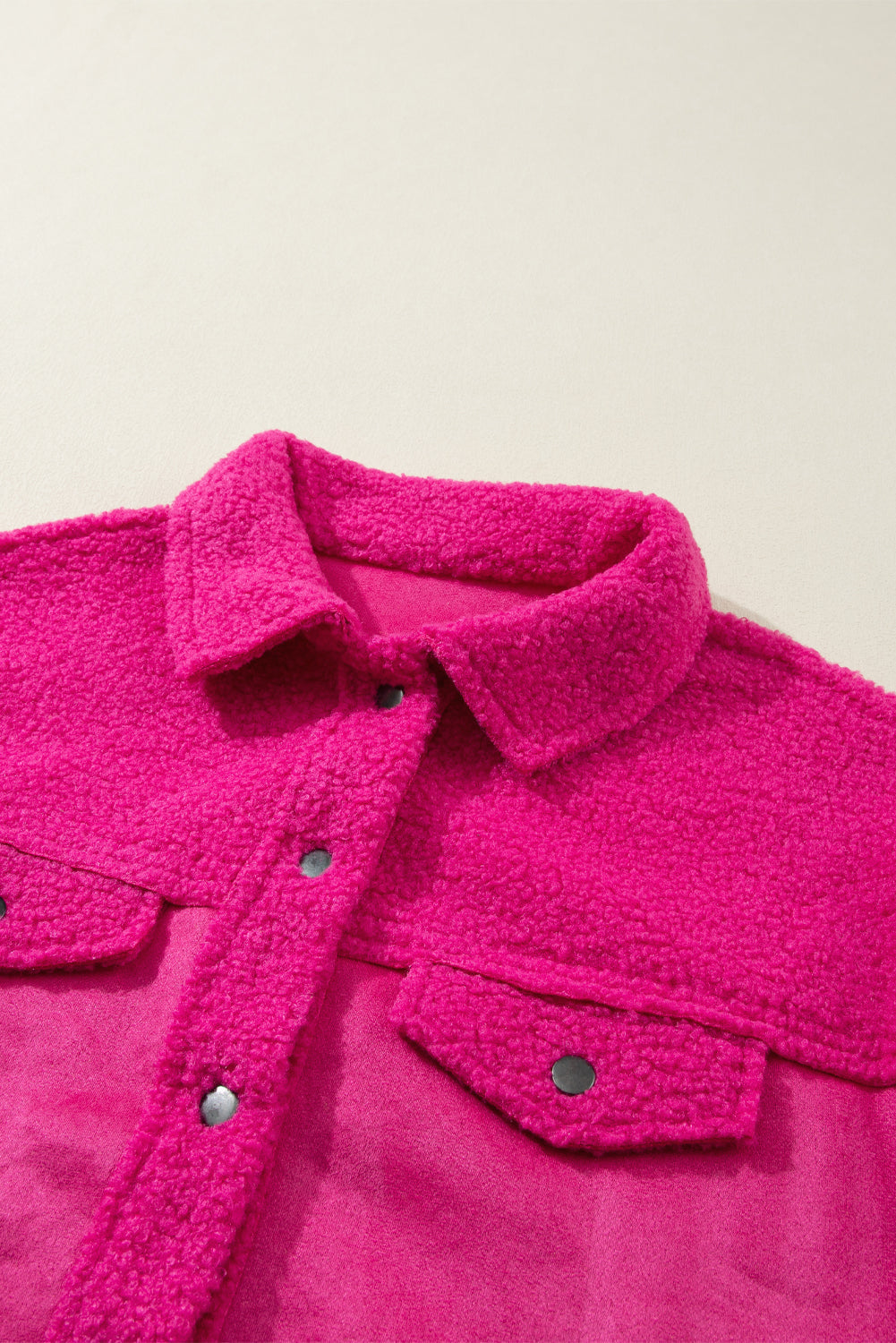 Bright Pink Faux Suede Sherpa Patchwork Button-up Shacket