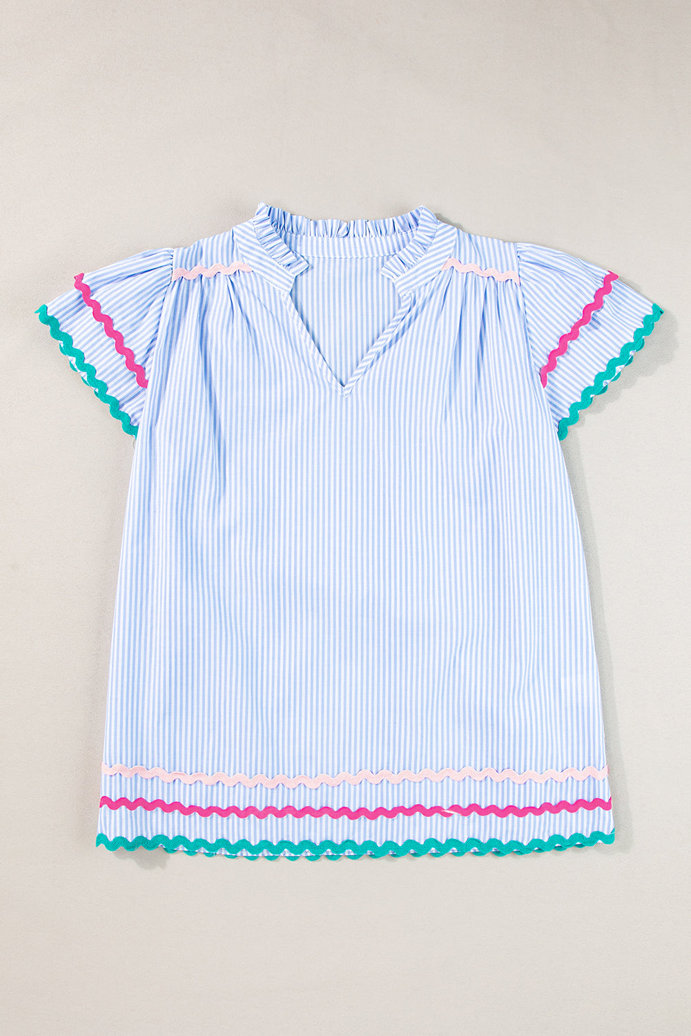 Sky Blue Stripe Ricrac Trim Split Neck Striped Ruffled Sleeve Blouse