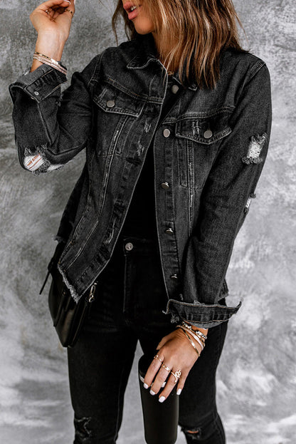 Black Lapel Distressed Raw Hem Buttons Denim Jacket