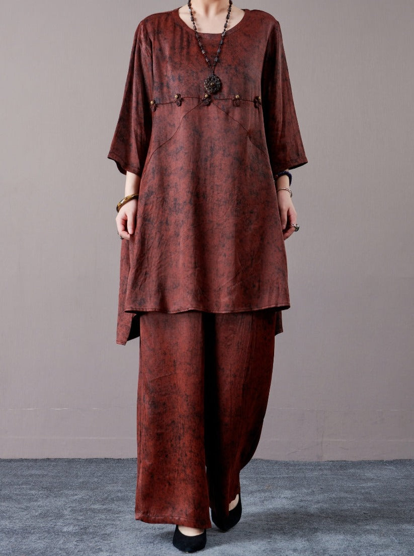 Rust Brown Two-Piece Tunic and Wide-Leg Pants Set