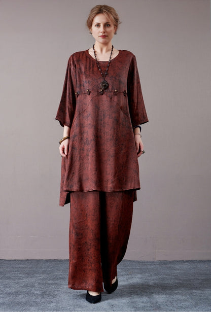 Rust Brown Two-Piece Tunic and Wide-Leg Pants Set