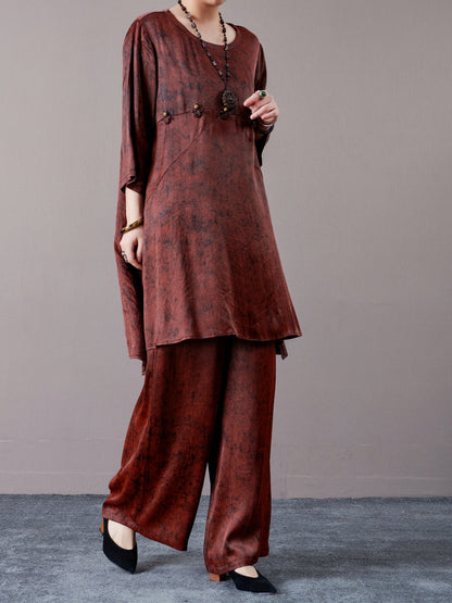 Rust Brown Two-Piece Tunic and Wide-Leg Pants Set