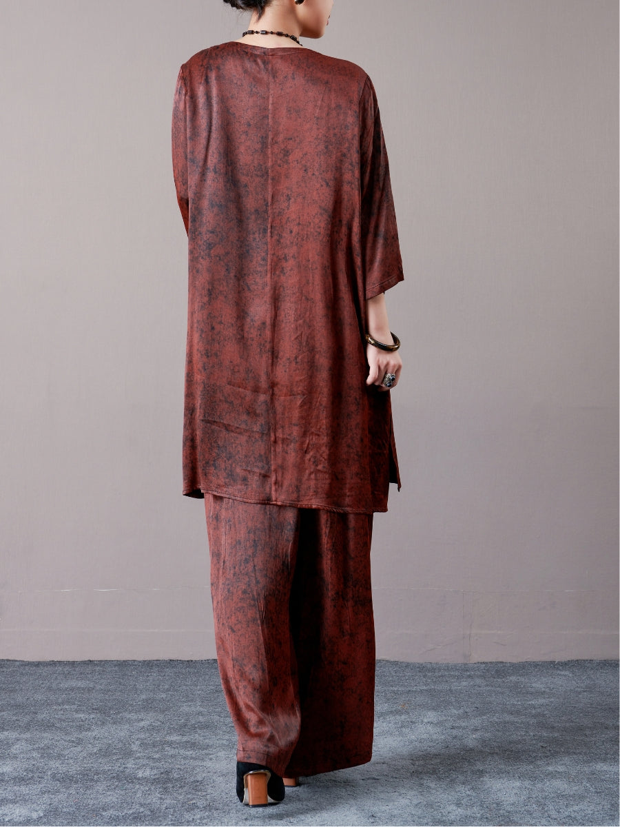 Rust Brown Two-Piece Tunic and Wide-Leg Pants Set