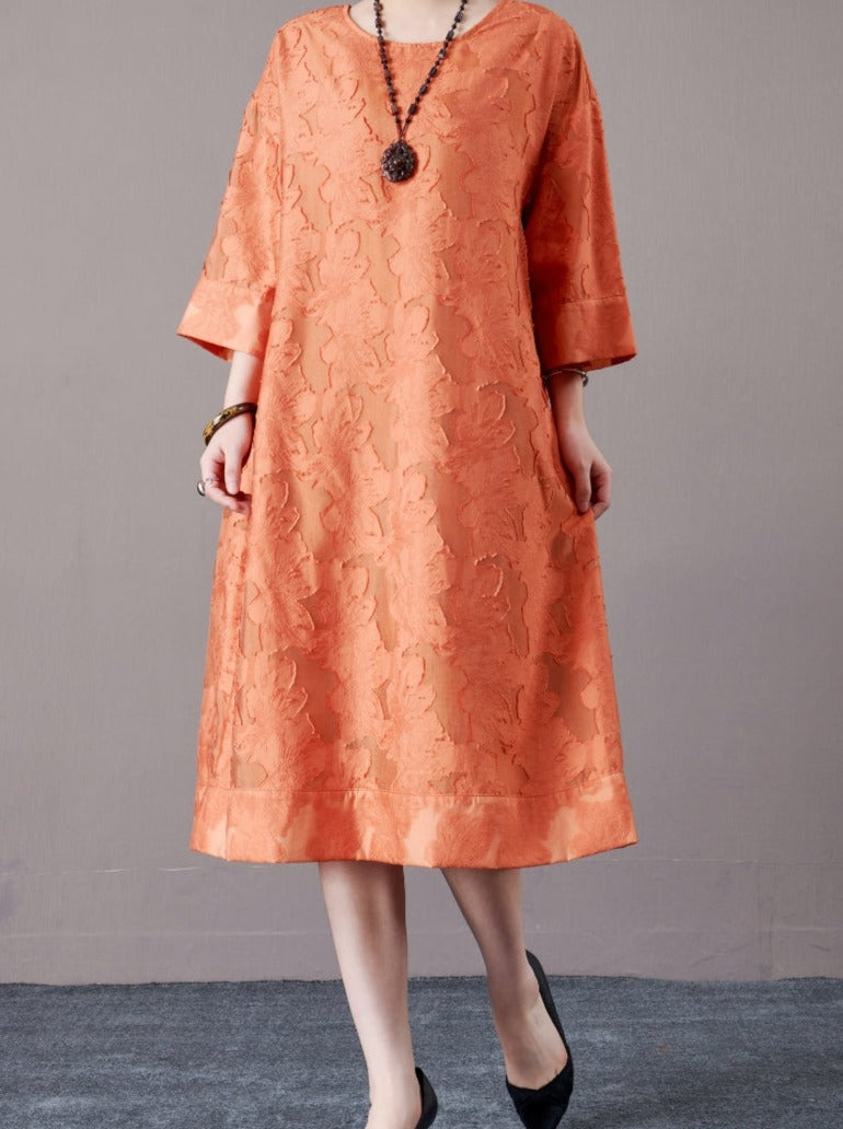 Elegant Burnt Orange A-Line Dress with Textured Detail