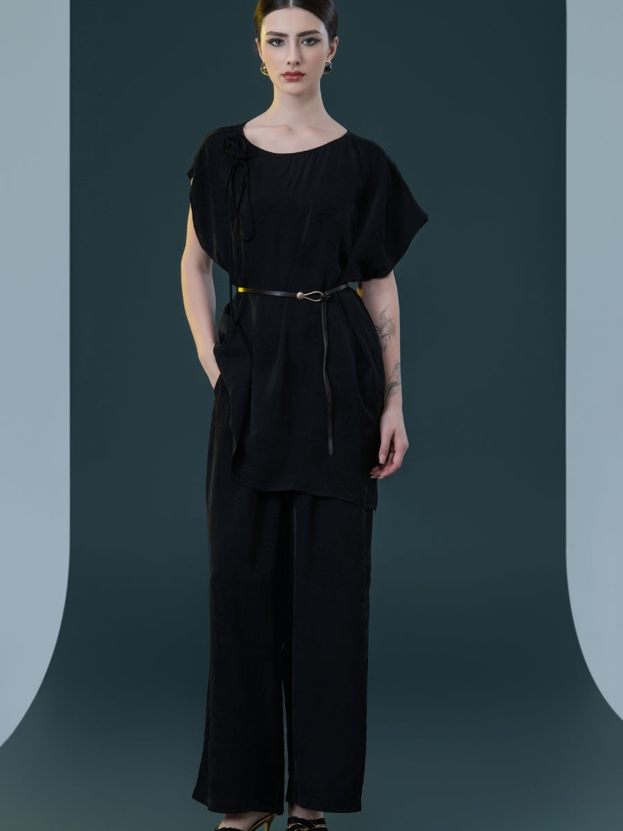 Elegant Black Wide-Leg Pants and Belted Top Set